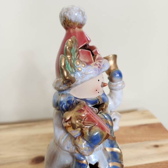 9" Glazed Ceramic Snowman Tealight Candle Holder - Picture 9 of 11